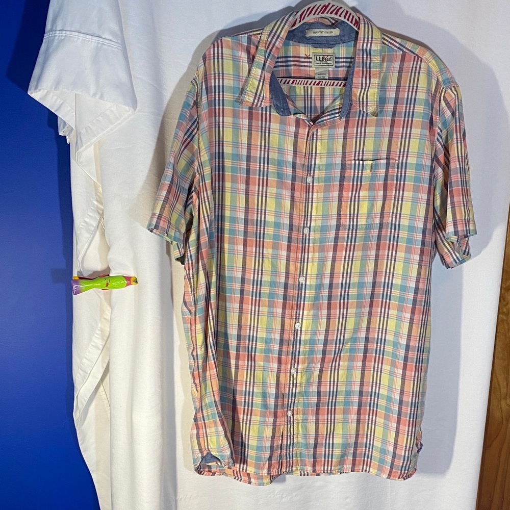 L.L. Bean Men's Short-Sleeve Plaid Button-Up Shirt - Pastel Multi, Size XXL Tall